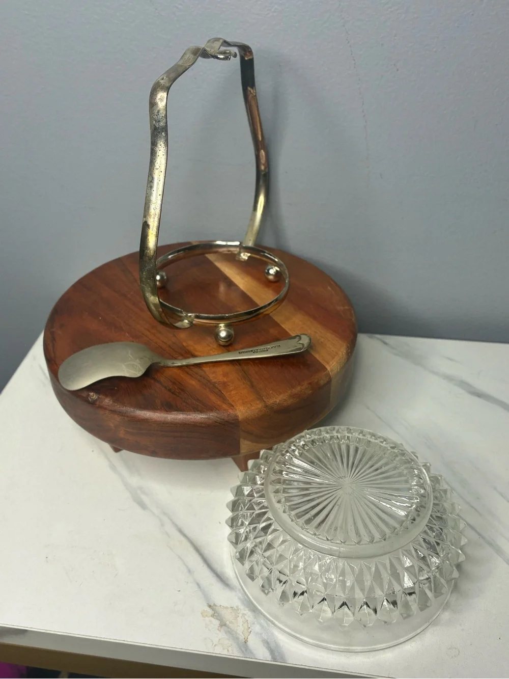 Vintage Pressed Glass Jam Bowl With Silver Plate Holder & Spoon